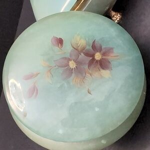 VGT,Green Alabaster Set of 2 Footed Trinket Boxes  with Floral Design.